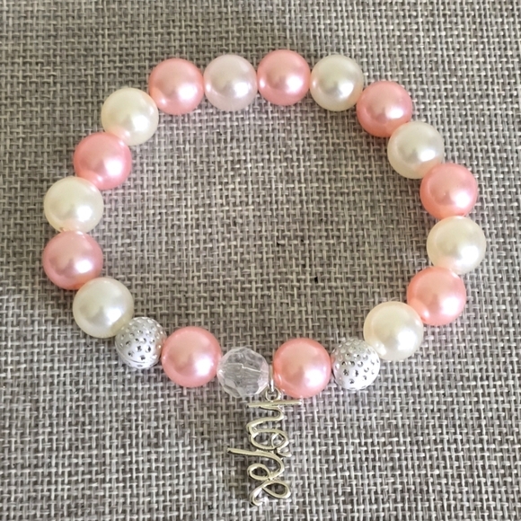 Handcrafted Pink White Breast Cancer Awareness Bead Bracelet With Hope Charm - Picture 1 of 4